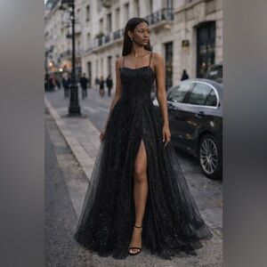 Black glitter Tulle Strapless corset Evening Gown black tie dark romantic size 4